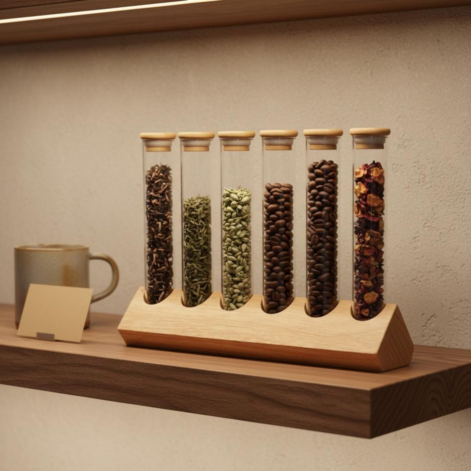Coffee Bean & Tea Menu - Ahşap Standlı Cam Tüp Kap Seti,